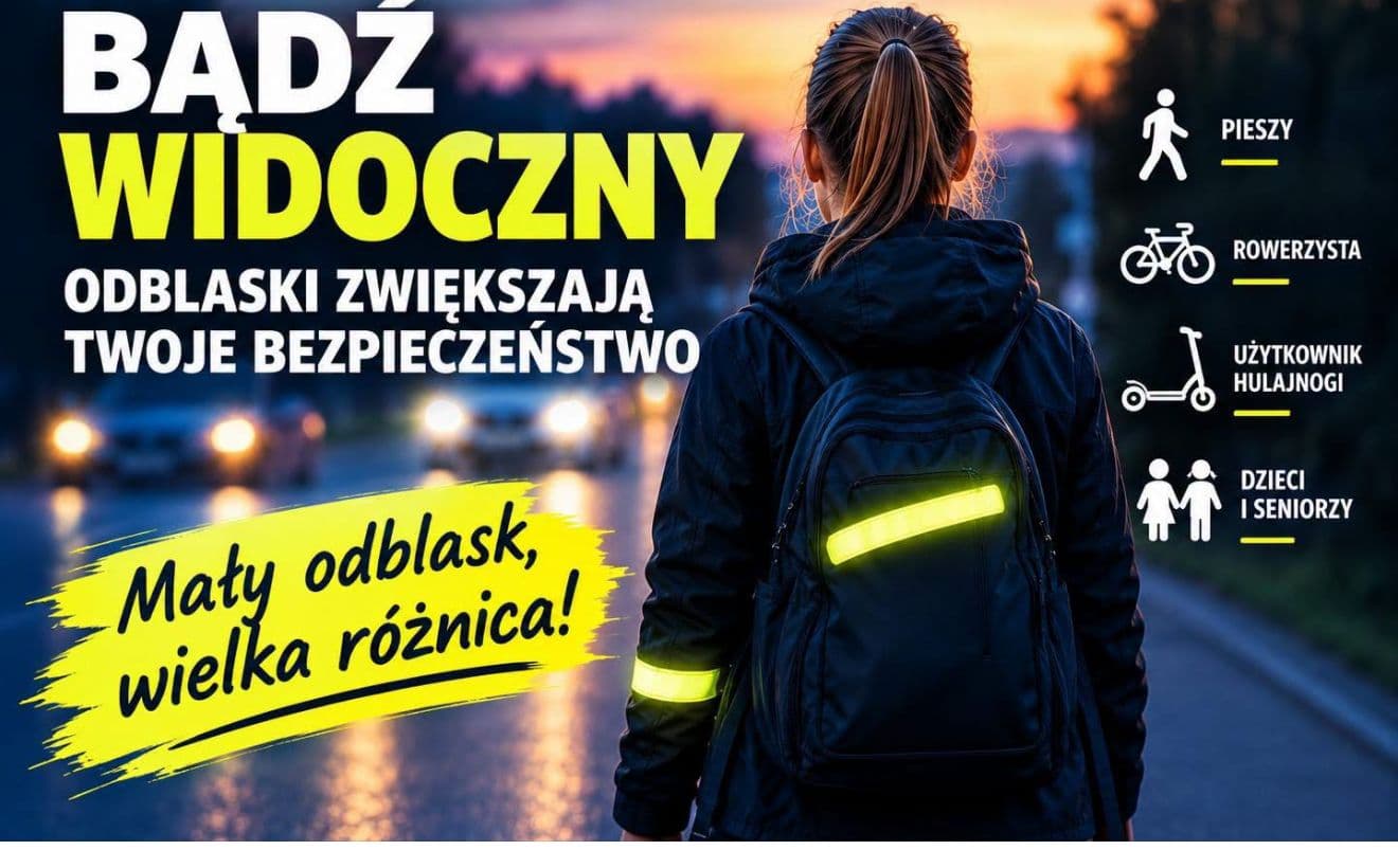 Kampania policyjna Bądź Widoczny: osoba w kurtce z odblaskiem na drodze o zmierzchu