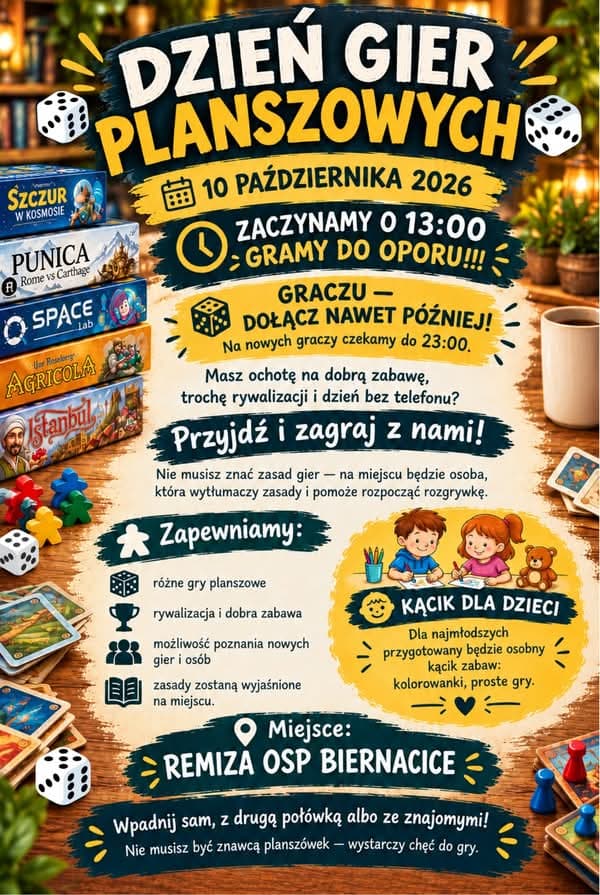 Plakat Dnia Gier Planszowych: 10 października 2026, start 13:00, remiza OSP Biernacice