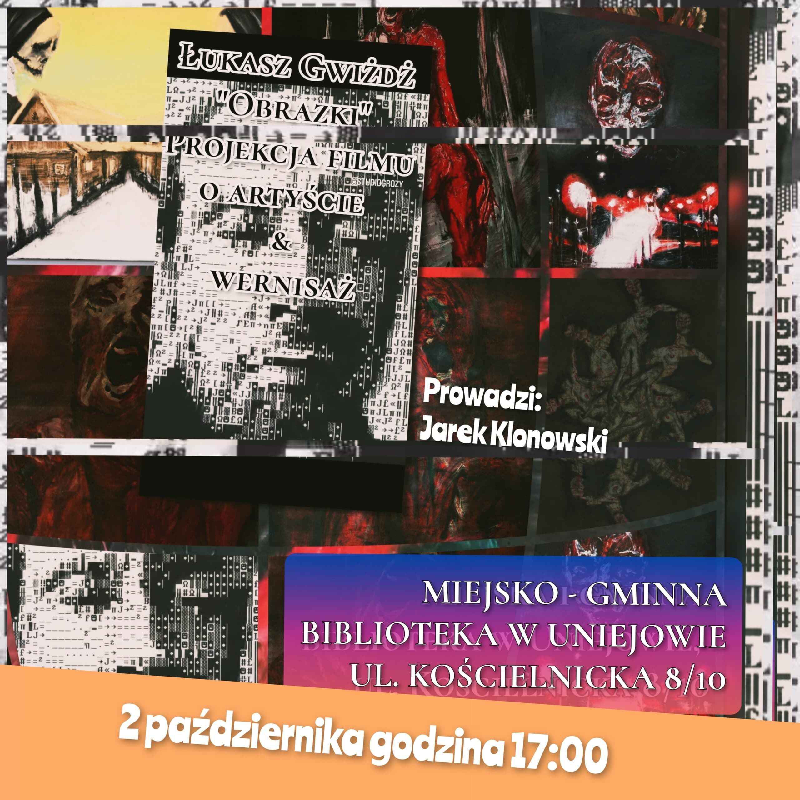 Plakat spotkania „Obrazki” z twórczością Łukasza Gwiżdża w bibliotece w Uniejowie