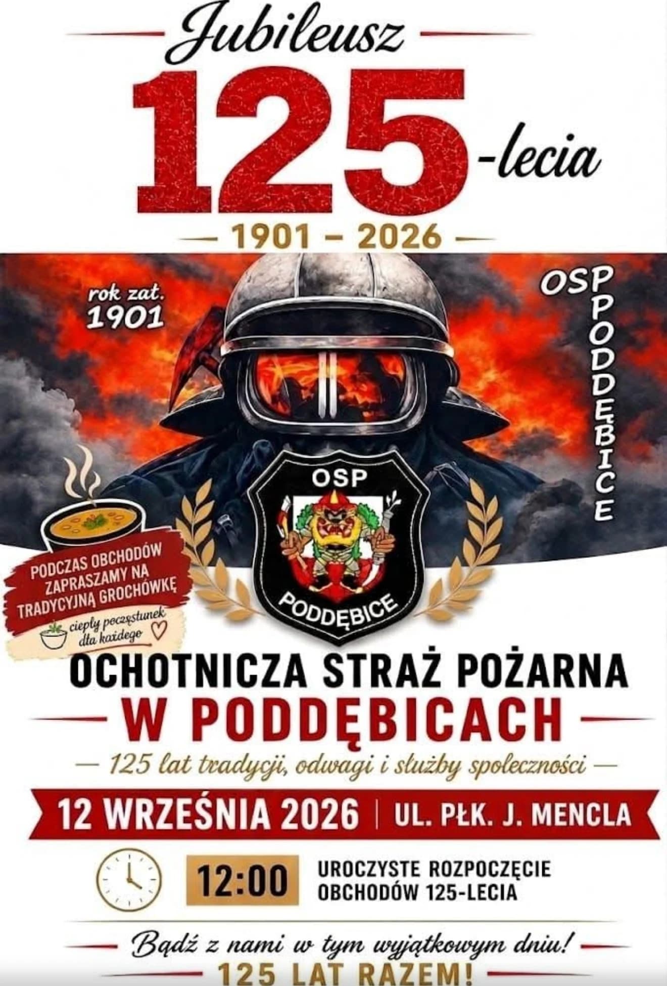 Plakat: Jubileusz 125-lecia OSP Poddębice (1901–2026), 12 września 2026, ul. Płk. J. Mencla