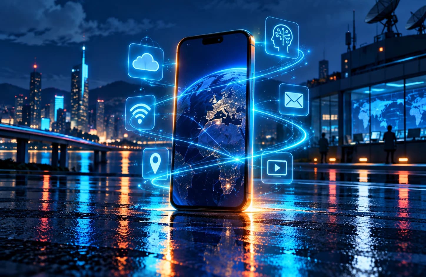 Umowny smartfon i symbole usług cyfrowych; grafika ilustracyjna