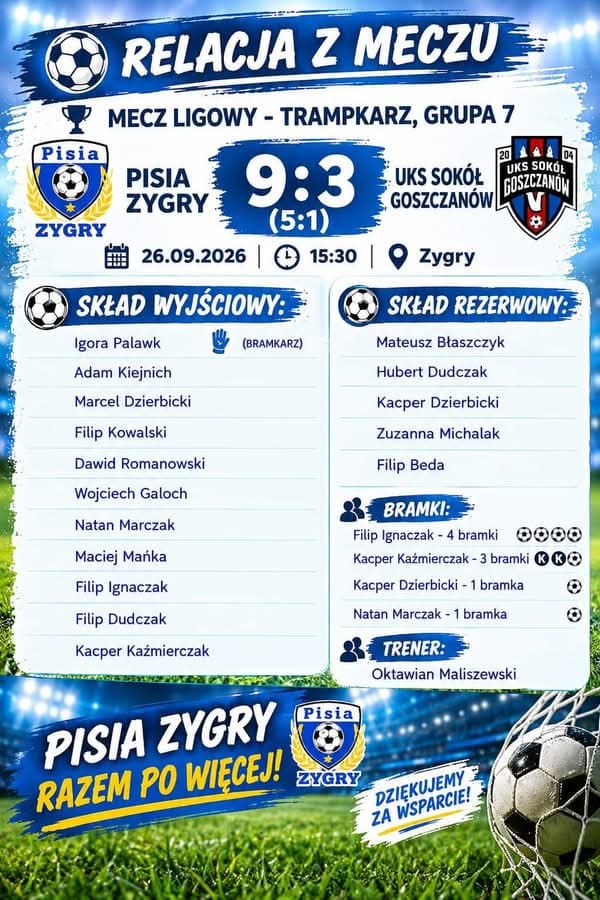 Klubowa grafika z wynikiem meczu trampkarzy Pisia Zygry – UKS Sokół Goszczanów 9:3