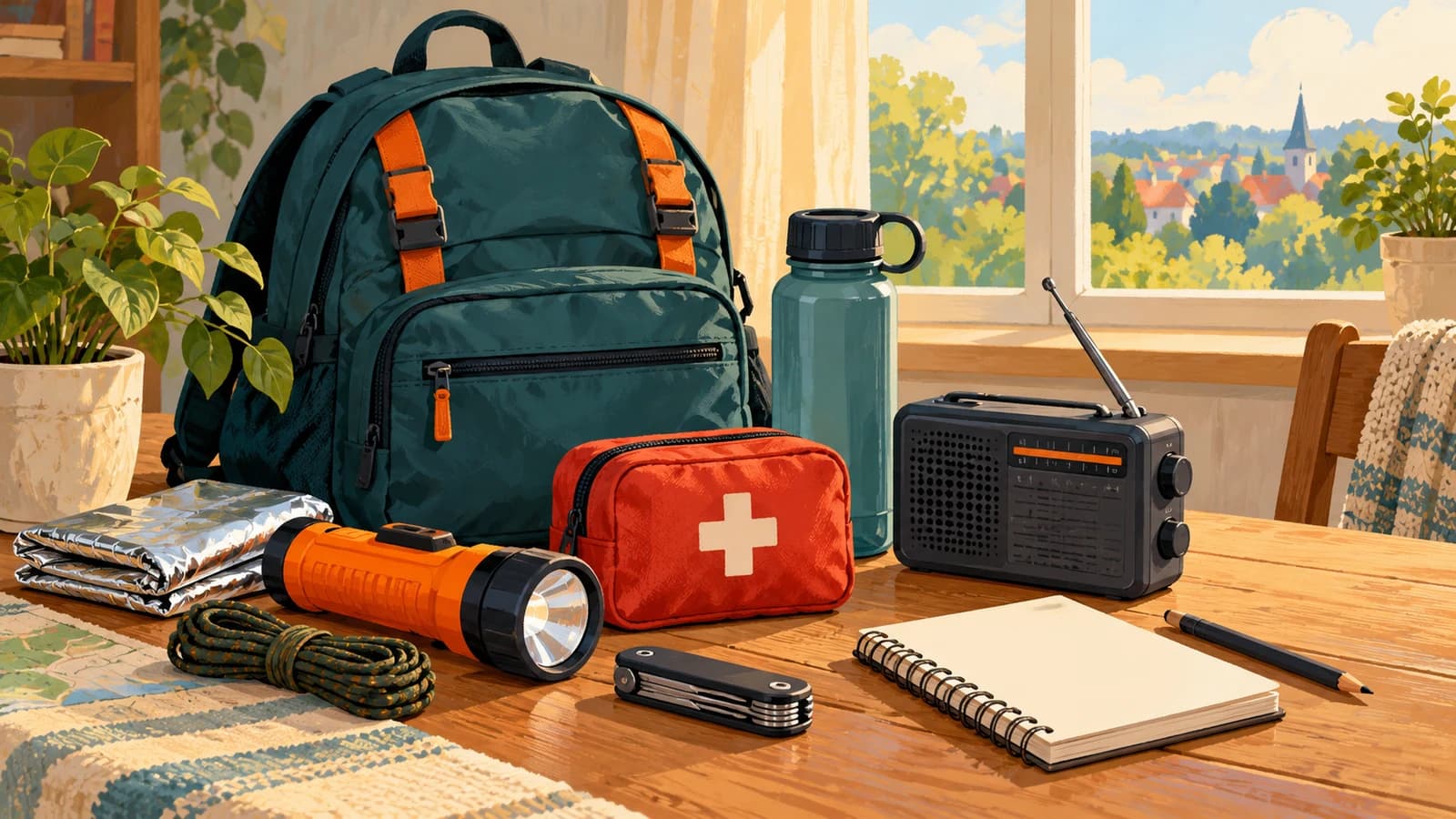 Ilustracja AI: plecak, latarka, radio, butelka i apteczka na domowym stole