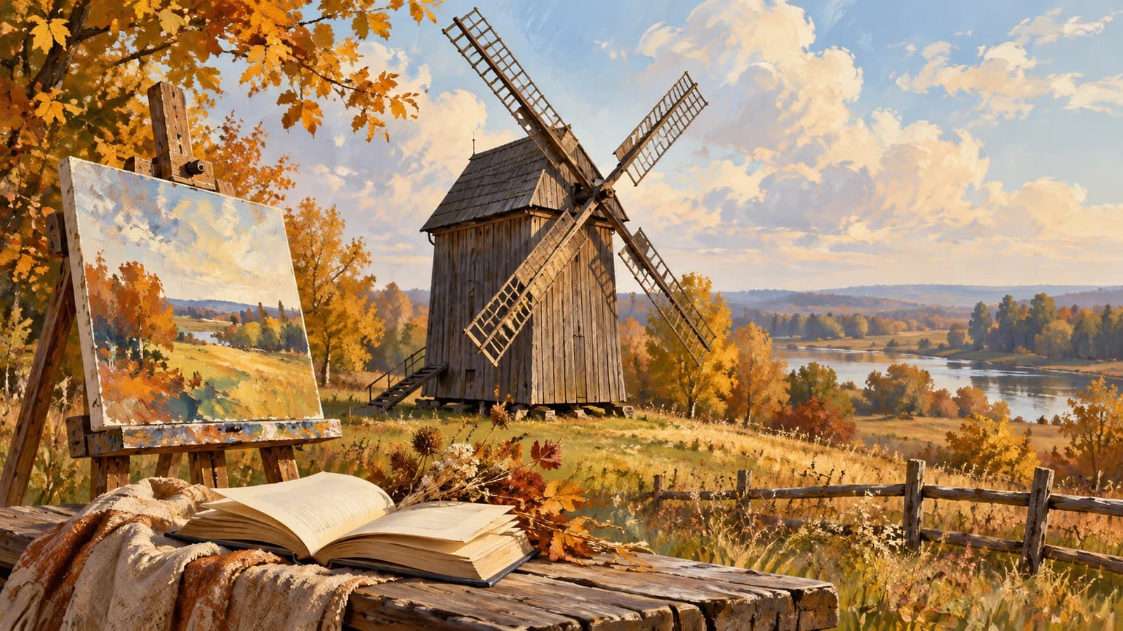 Ilustracja AI: drewniany wiatrak, sztaluga i książka w jesiennym krajobrazie