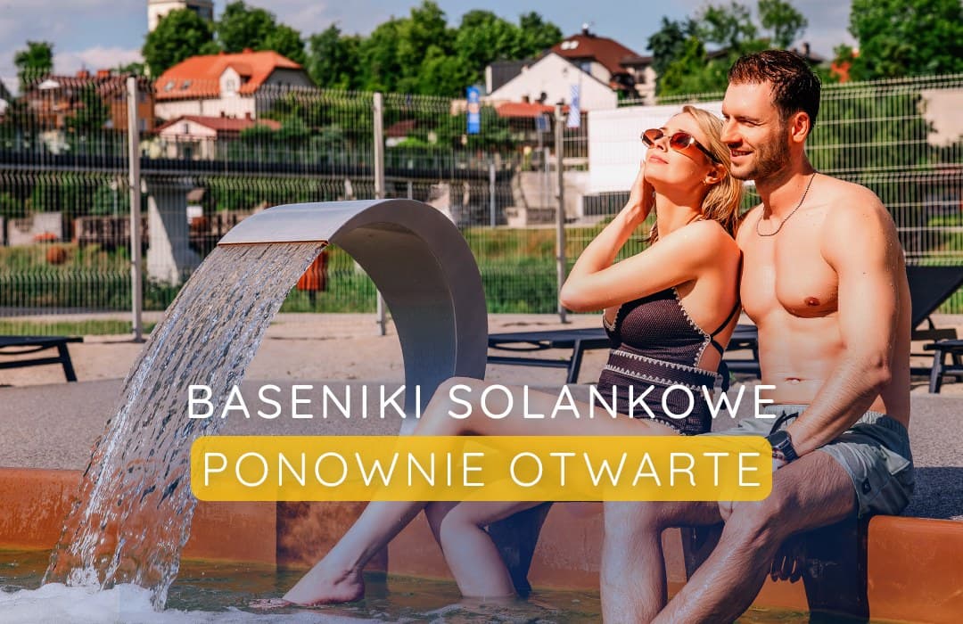 Grafika Term Uniejów z napisem „Baseniki solankowe ponownie otwarte”