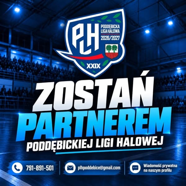Grafika PLH: zostań partnerem Poddębickiej Ligi Halowej, sezon 2026/2027