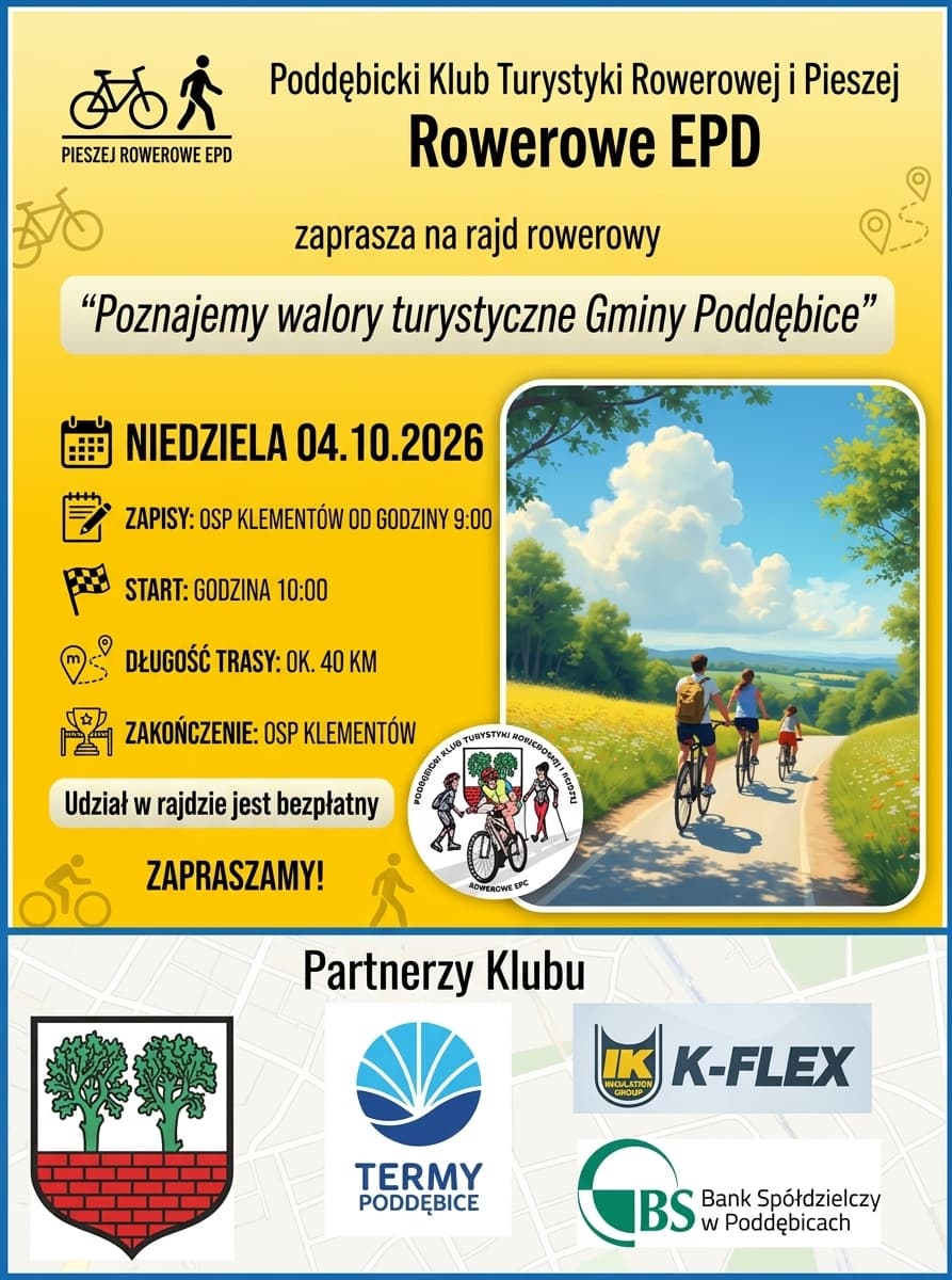 Plakat rajdu rowerowego „Poznajemy walory turystyczne Gminy Poddębice” 4 października 2026
