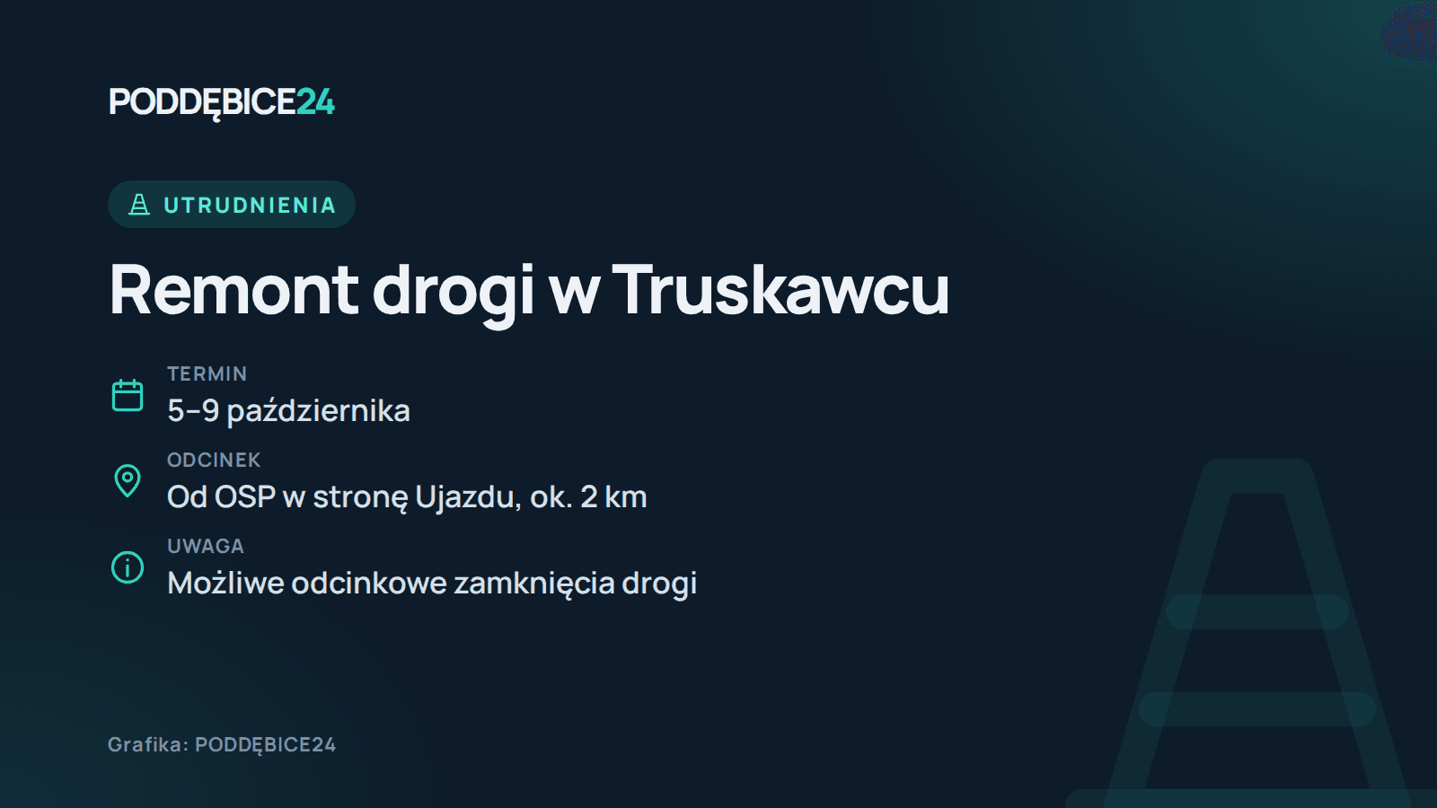 Grafika: remont drogi w Truskawcu, 5–9 października, od OSP w stronę Ujazdu