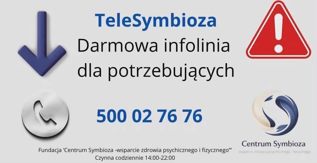 Grafika TeleSymbioza – darmowa infolinia 500 02 76 76, czynna codziennie 14:00–22:00