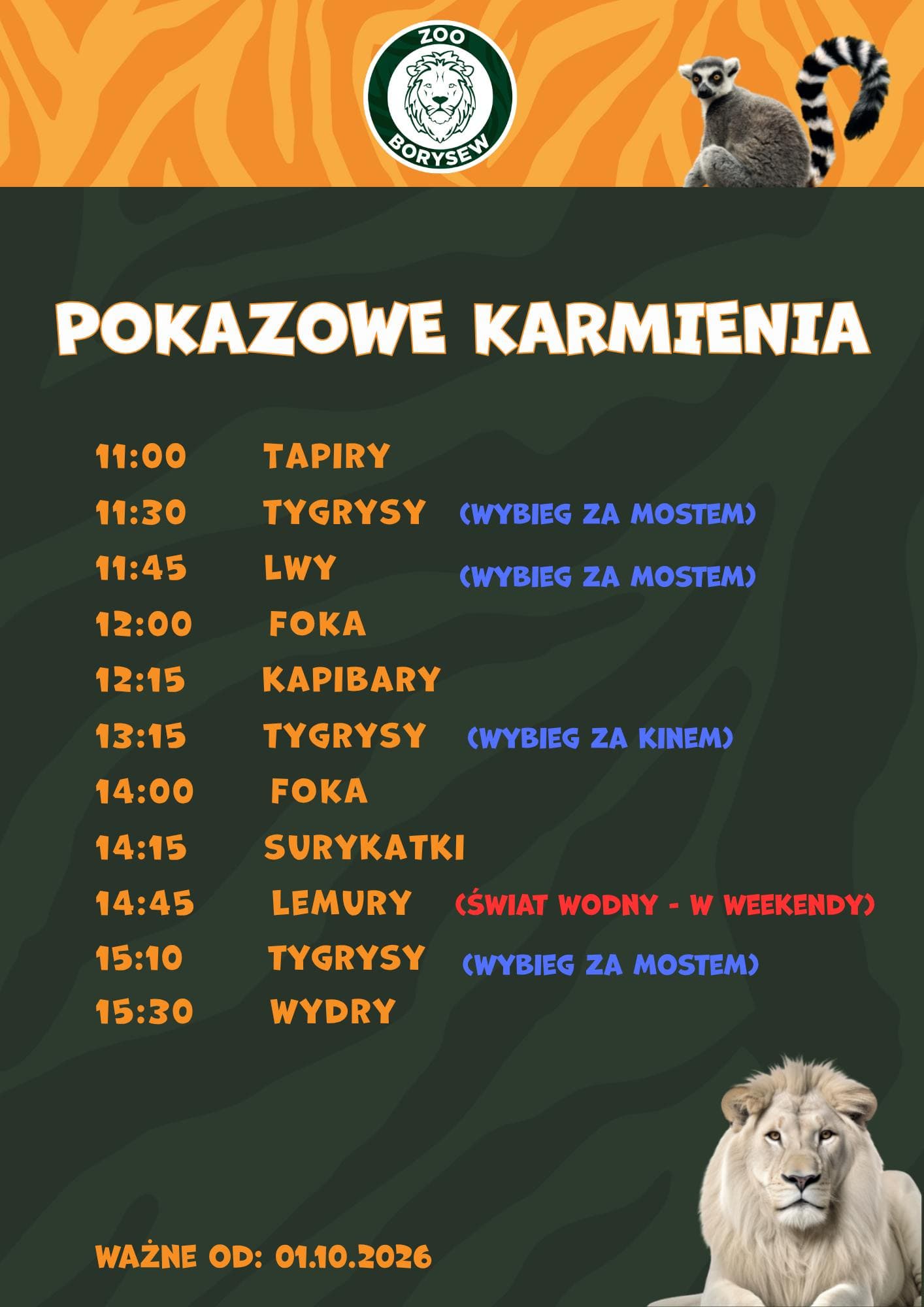 Rozkład pokazowych karmień w Zoo Borysew ważny od 1 października 2026