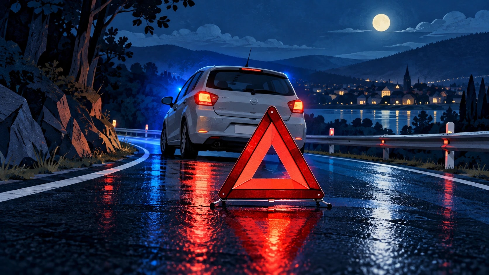 Samochód i trójkąt ostrzegawczy na nocnej drodze. Ilustracja wygenerowana przez AI.