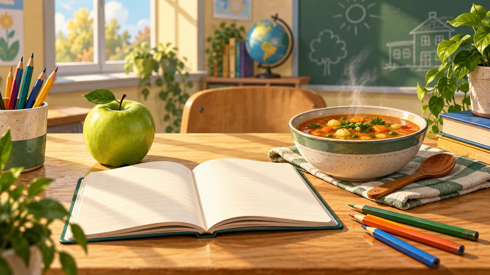Zeszyt, jabłko i miska zupy, symbol szkoły i posiłków dla uczniów. Ilustracja wygenerowana przez AI.