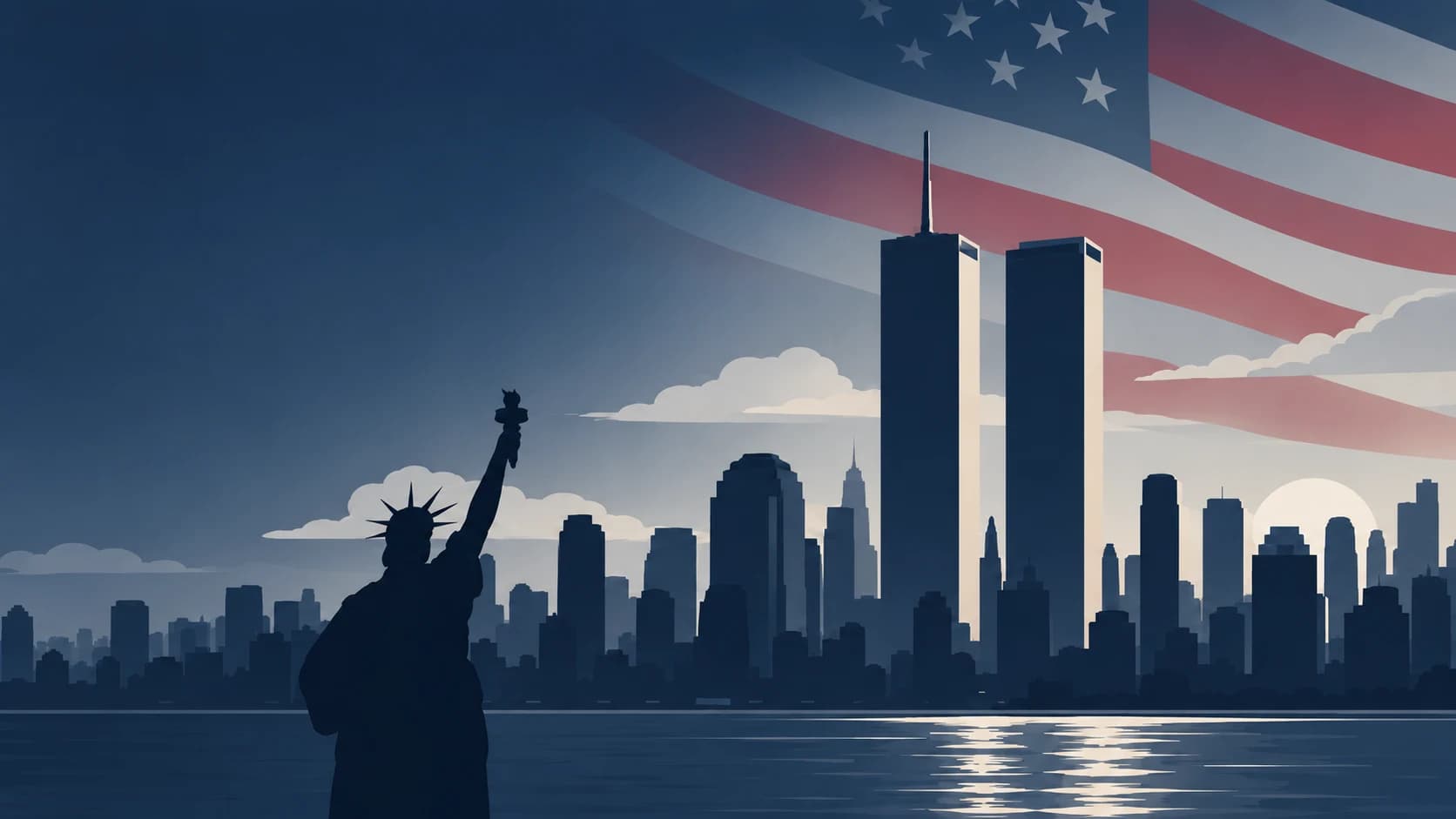 Sylwetka Statuy Wolności i wież World Trade Center na tle flagi USA, panorama Nowego Jorku o zmierzchu. Ilustracja wygenerowana przez AI.