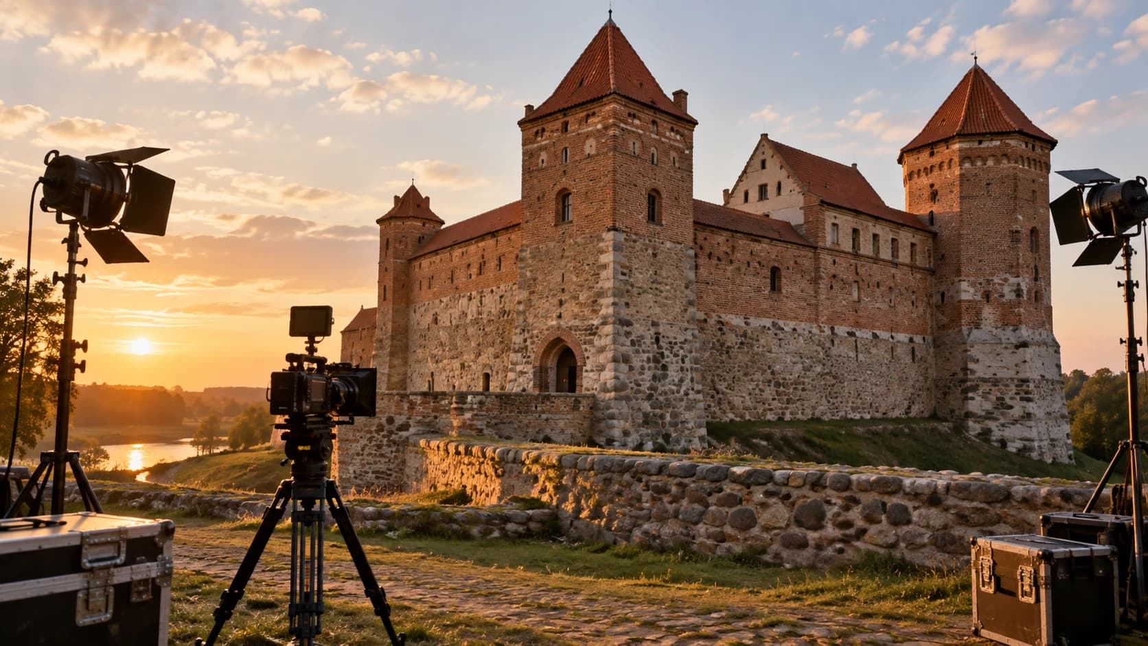 Umowny zamek i sprzęt filmowy; ilustracja wygenerowana przez AI