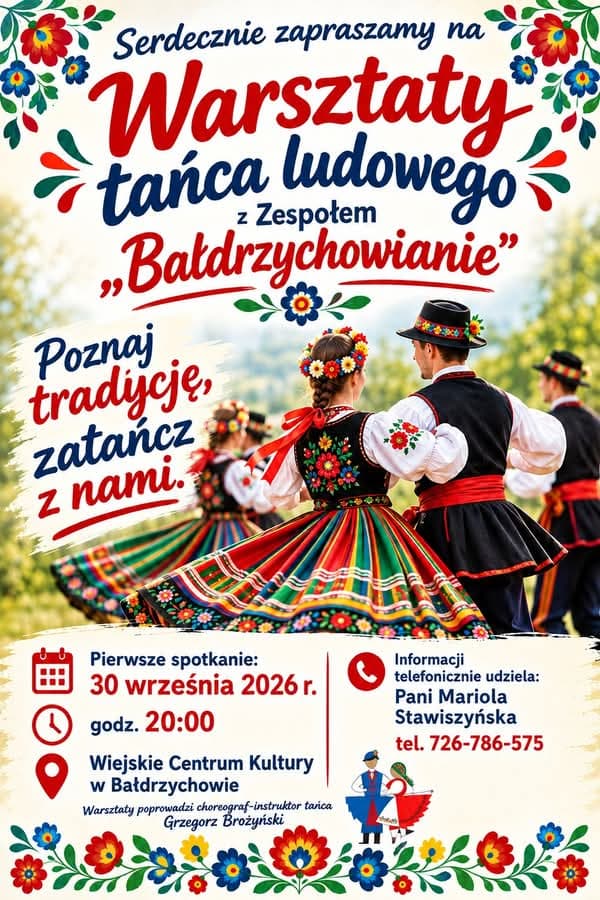 Plakat warsztatów tańca ludowego z zespołem Bałdrzychowianie
