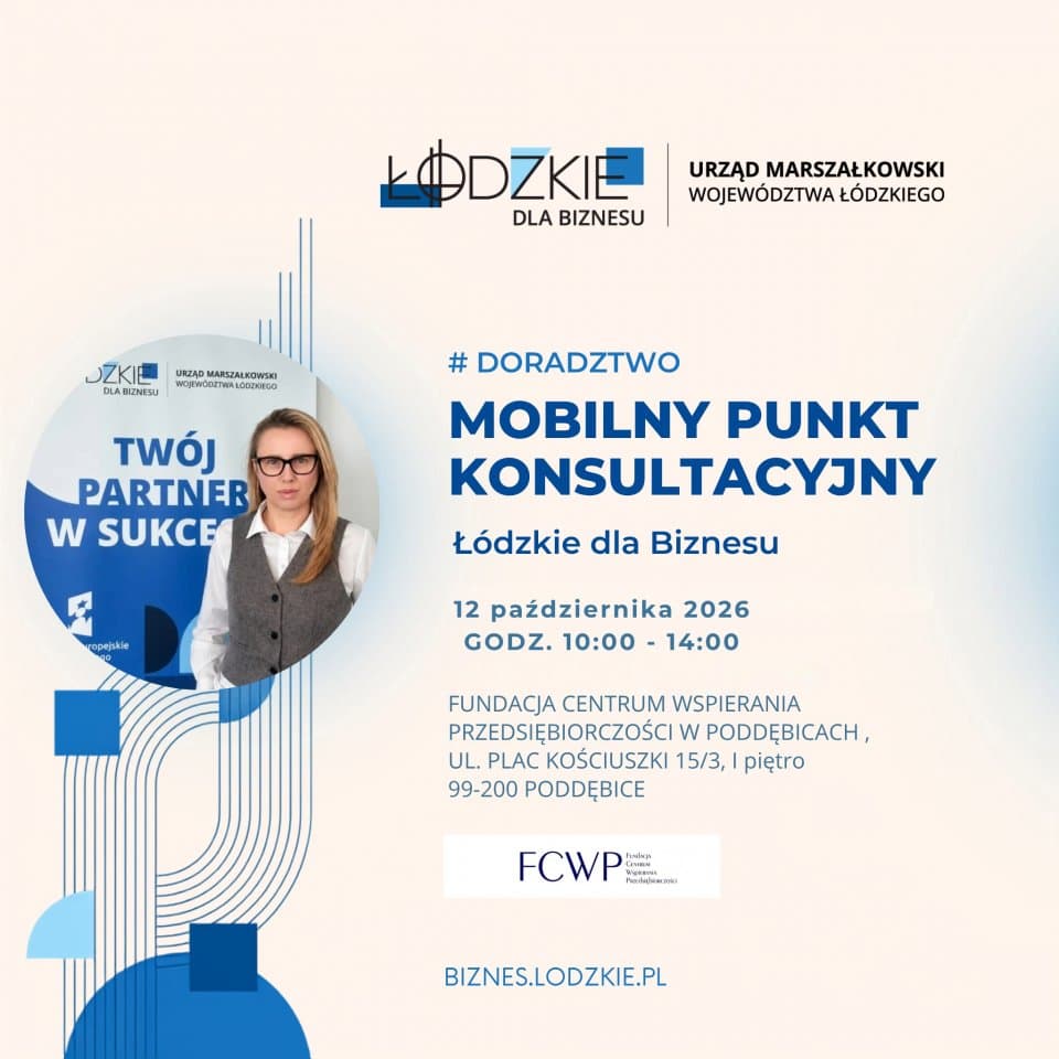 Plakat Mobilnego Punktu Konsultacyjnego Łódzkiego dla Biznesu w Poddębicach, 12 października 2026, 10:00–14:00