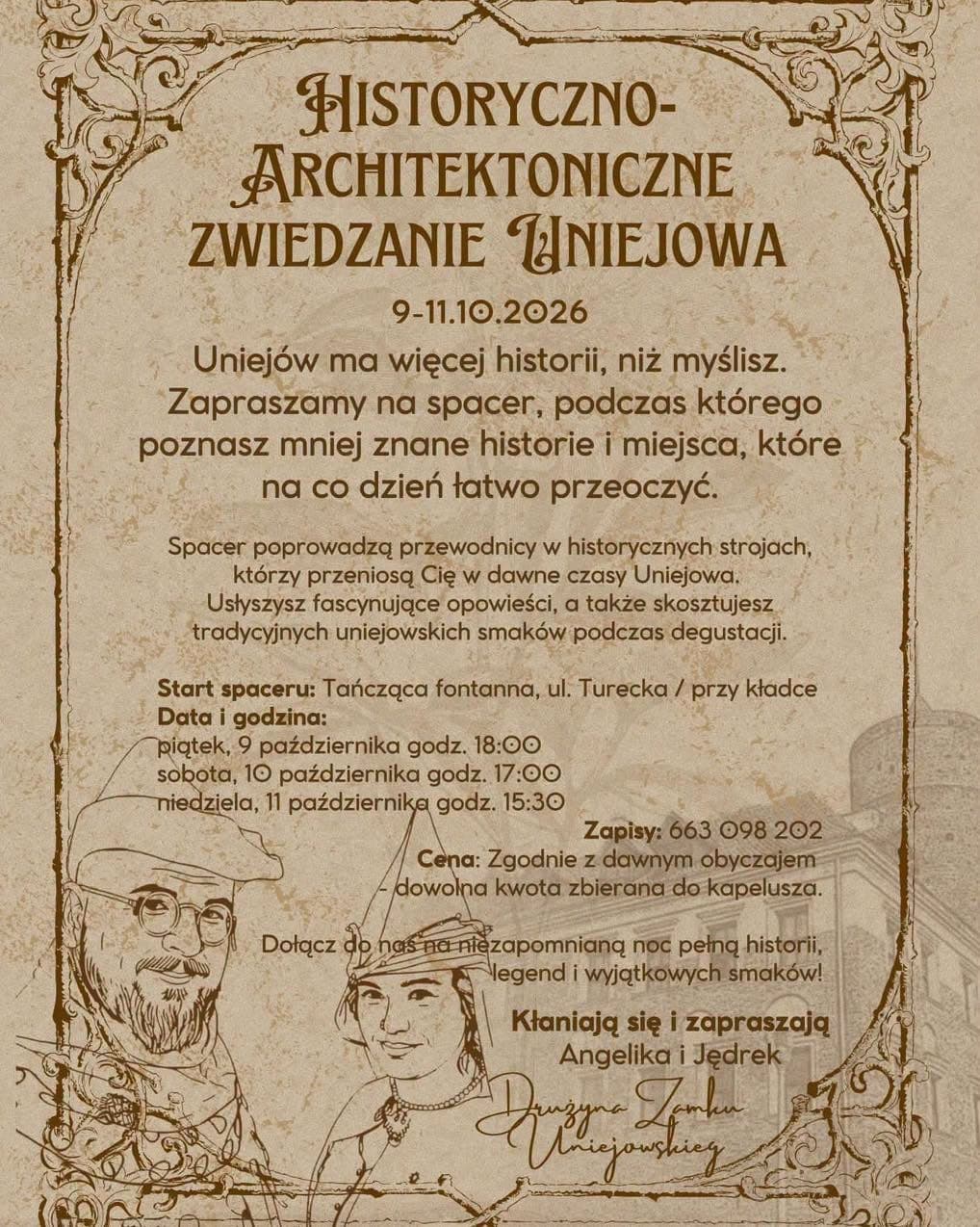 Plakat spacerów historyczno-architektonicznych po Uniejowie, 9–11 października 2026