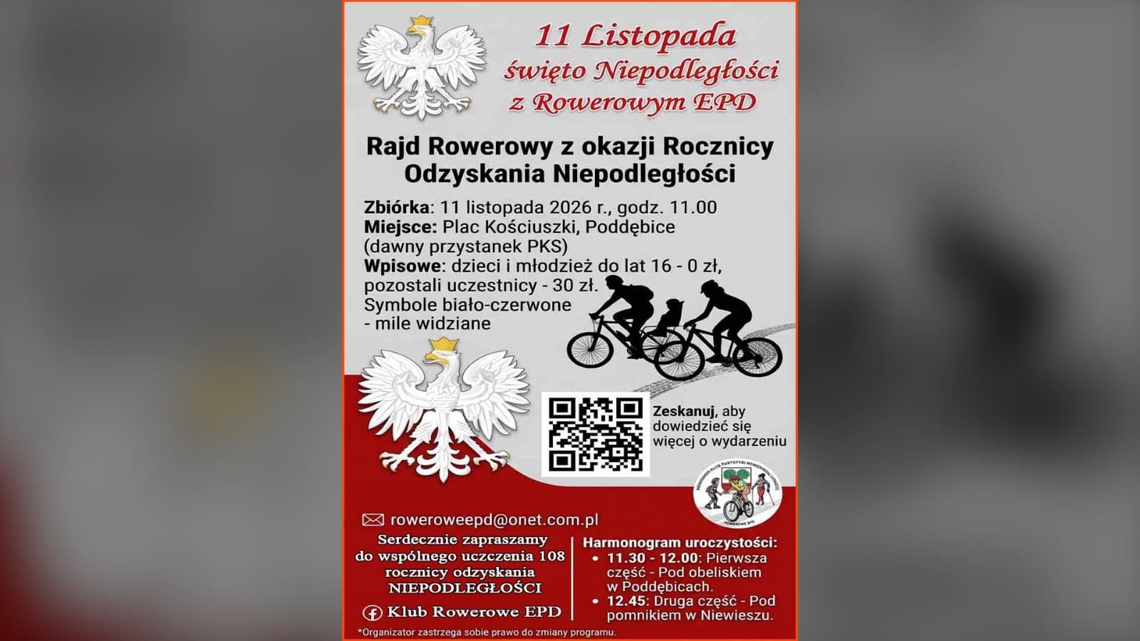 Plakat Rajdu Rowerowego dla Niepodległej 11 listopada 2026 w Poddębicach