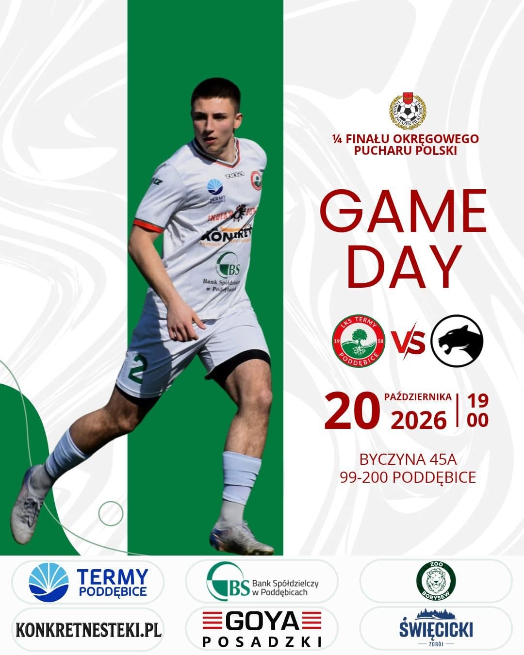 Plakat meczu Termy Poddębice – AKS SMS Łódź w ćwierćfinale Okręgowego Pucharu Polski