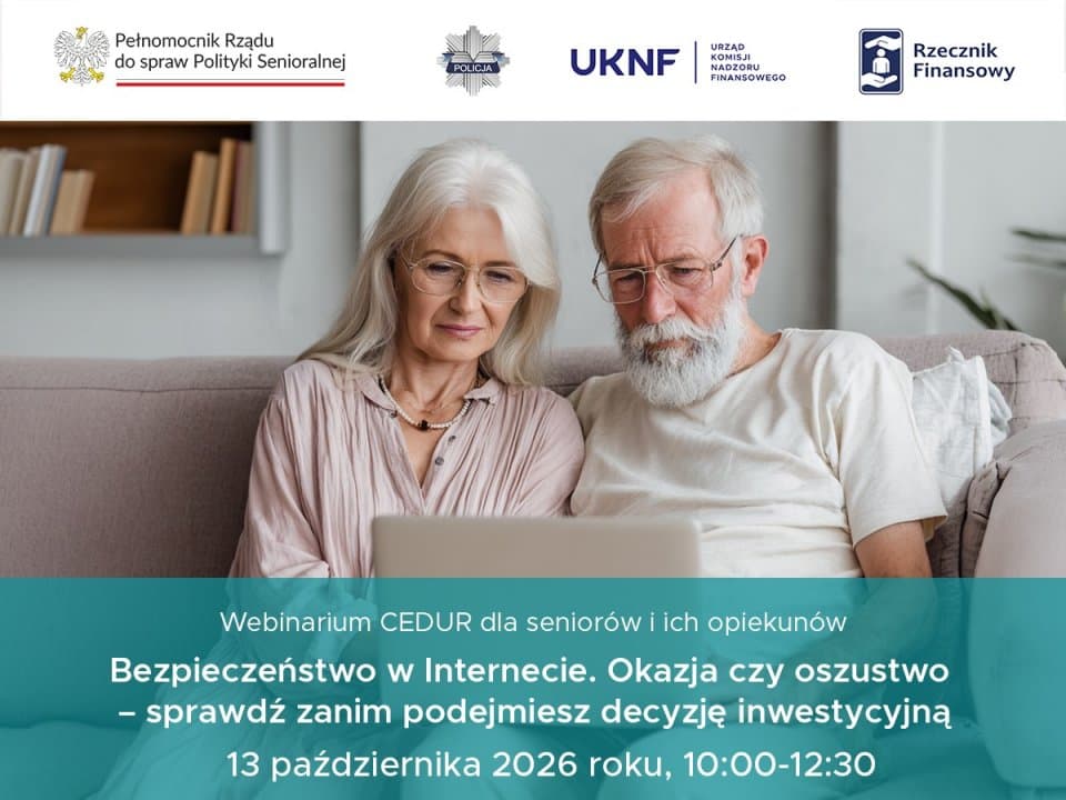 Grafika zapowiadająca webinarium UKNF dla seniorów