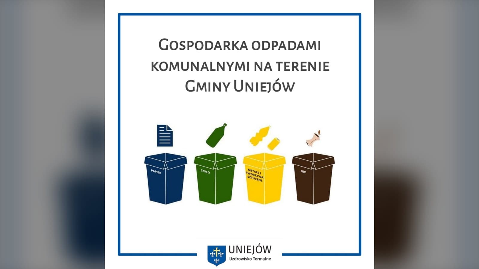 Grafika gminy Uniejów: gospodarka odpadami komunalnymi, kolorowe pojemniki do segregacji