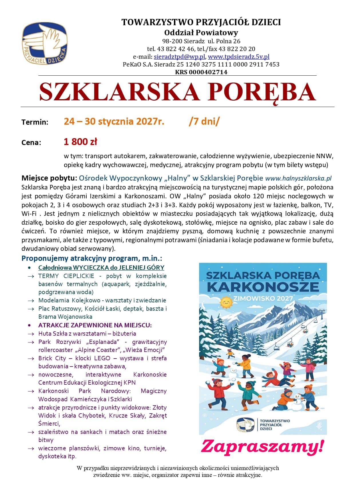 Plakat zimowiska w Szklarskiej Porębie 24–30 stycznia 2027