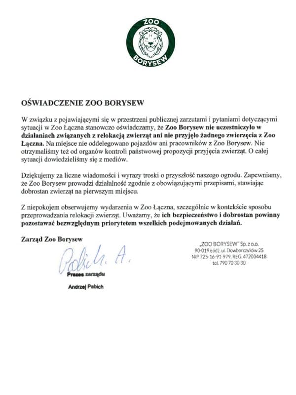 Oświadczenie Zarządu Zoo Borysew w sprawie Zoo Łączna, podpisane przez prezesa Andrzeja Pabicha